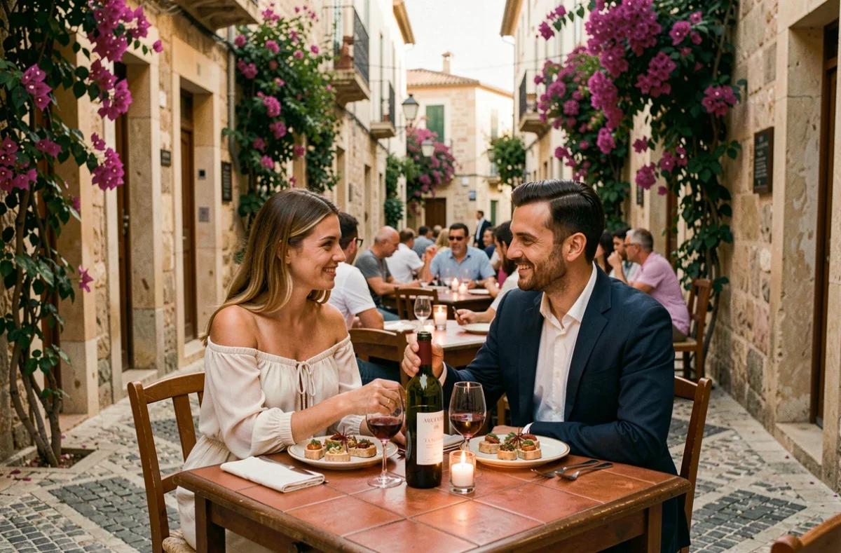 Couple en dîner romantique en terrasse dans une ruelle historique de Palma de Majorque avec des tapas et du vin local