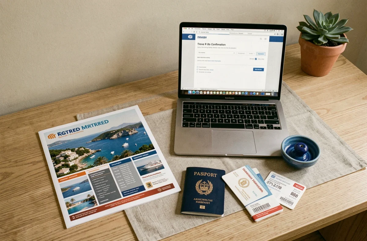 Documents de voyage pour une croisière en Grèce avec billets d'avion et brochure d'itinéraire sur un bureau