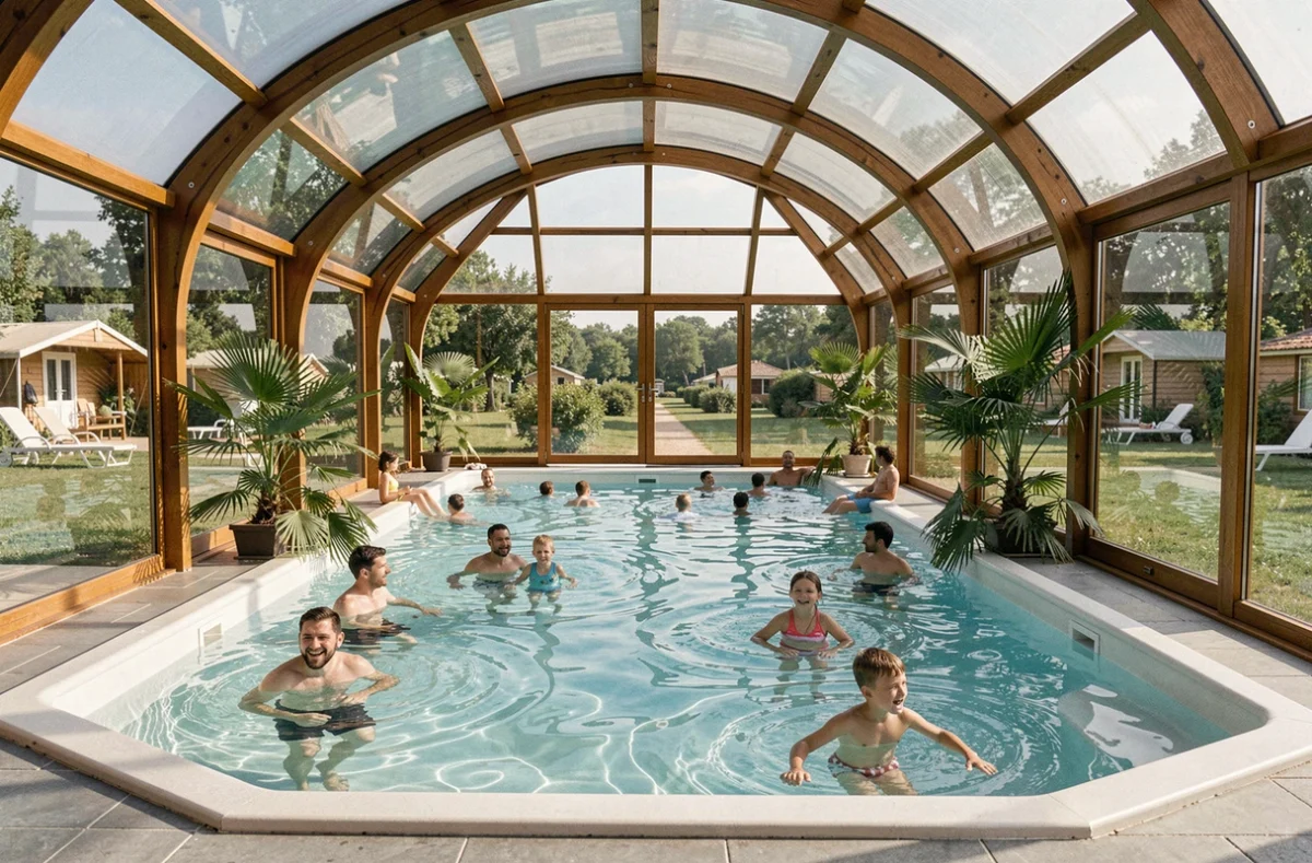 Piscine couverte et chauffée sous structure en verre et bois avec végétation tropicale au Domaine Les Bois du Bardelet près de Gien