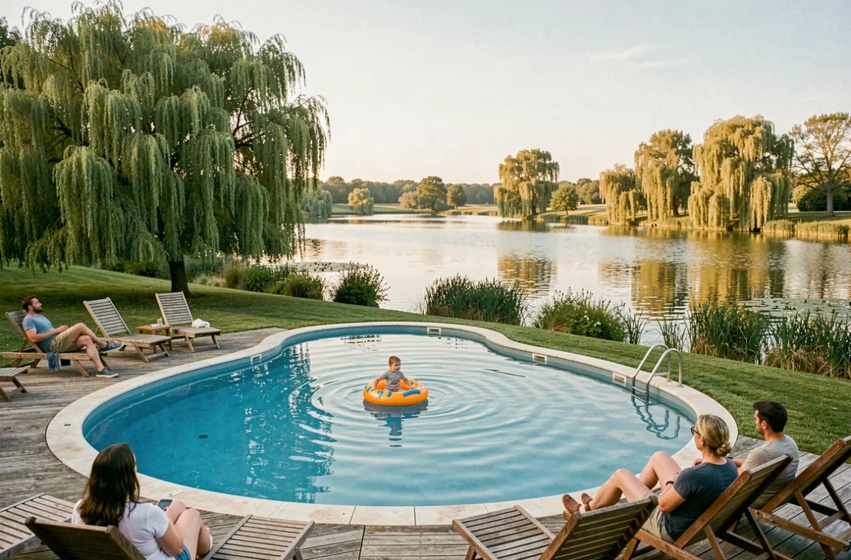 Piscine extérieure courbe au bord d'un lac naturel entouré de saules au Domaine de Dugny en Loir-et-Cher