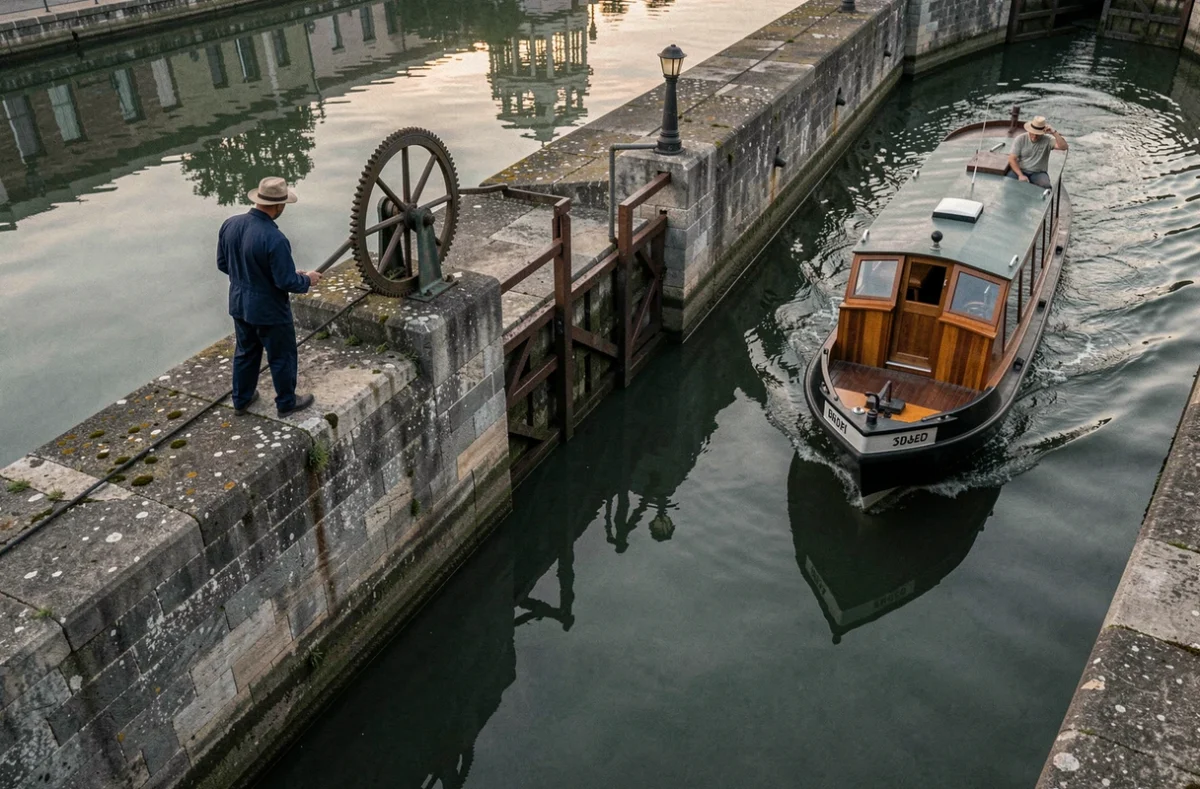 Écluse historique du Canal du Midi avec une péniche de croisière franchissant la porte, assistée par un éclusier