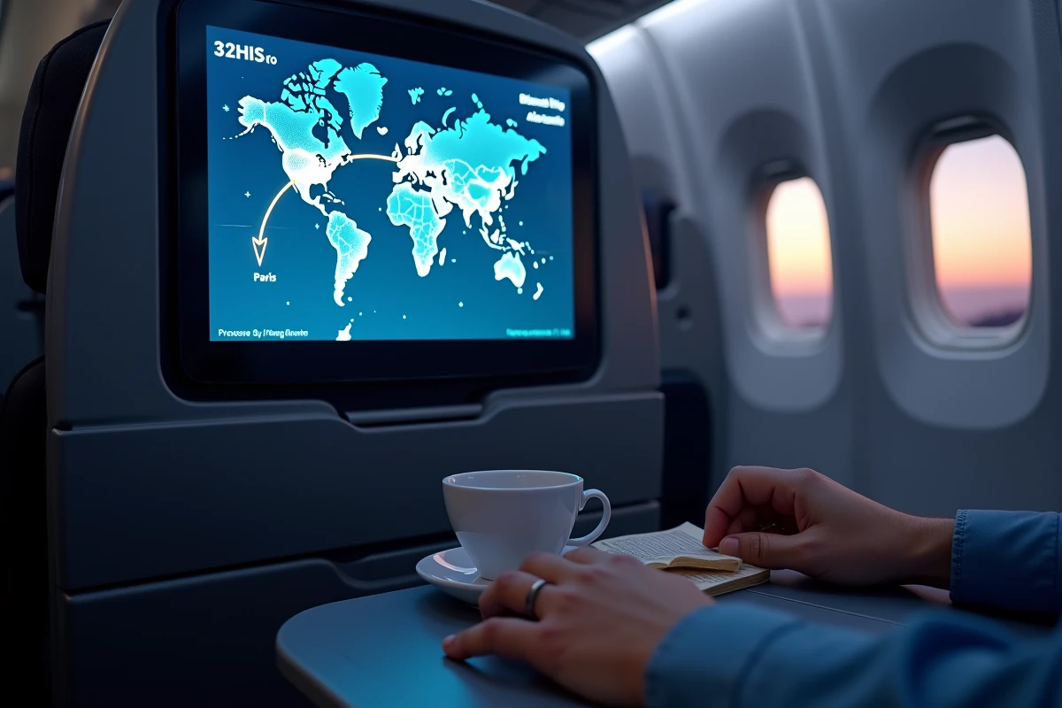 Écran de suivi de vol affichant l'itinéraire Paris Hong Kong à bord d'un avion long-courrier