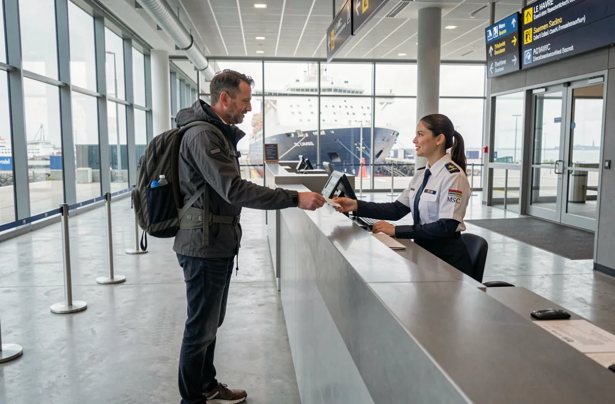 Passager remettant sa carte d'embarquement à l'agent MSC au terminal de croisière du Havre