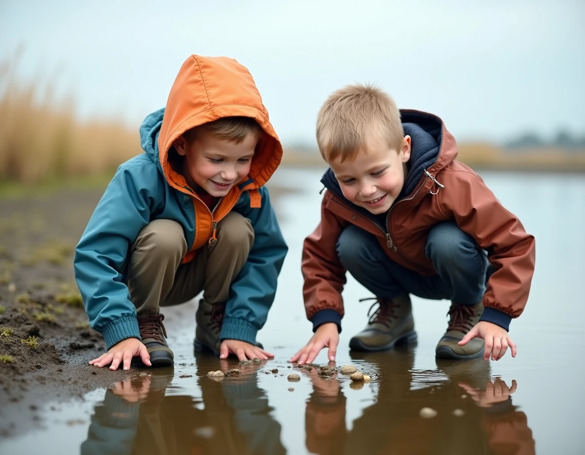 Enfants explorant les vasières de la baie de Somme à marée basse près de Saint-Valery, découvrant crabes et coquillages