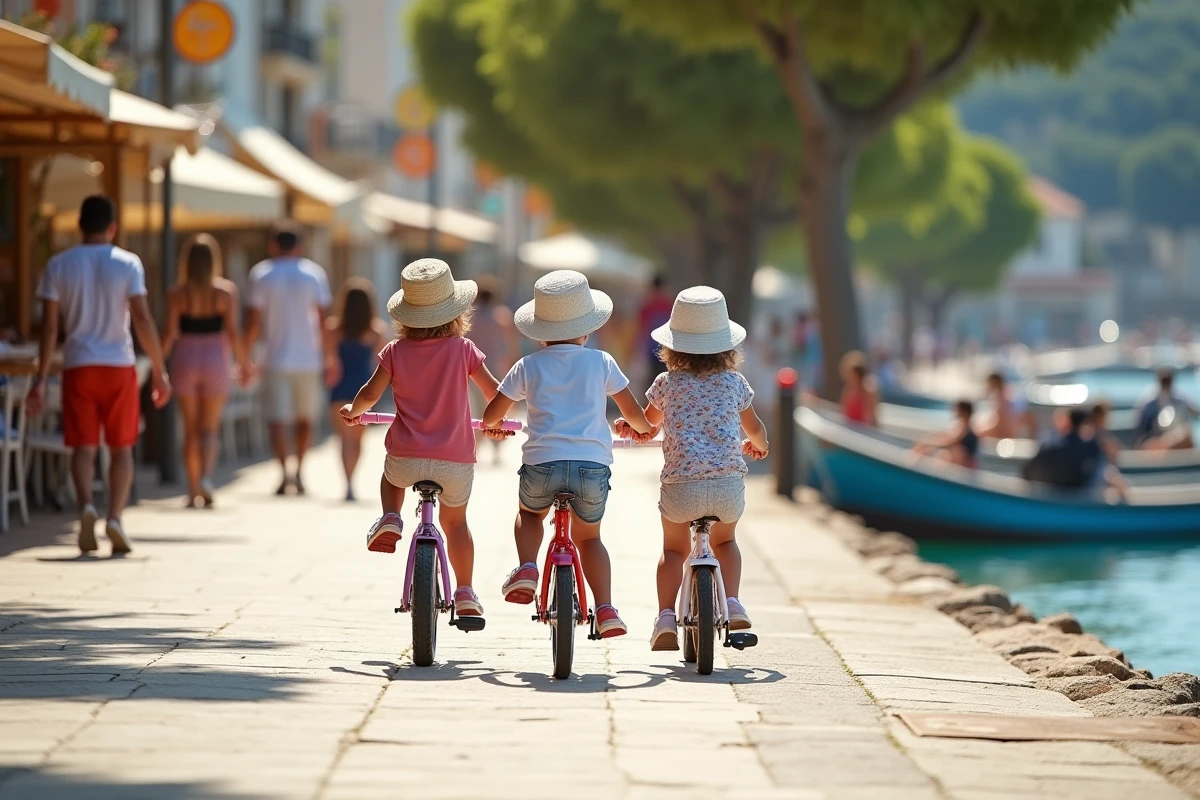 Enfants à vélo dans le village de Leucate en promenade