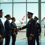 Équipe de pilotes et hôtesses d'aviation internationales se serrant la main dans un aéroport