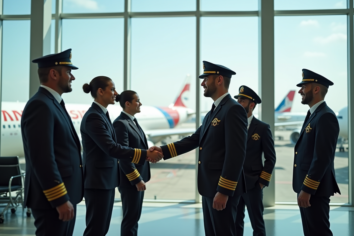 Équipe de pilotes et hôtesses d'aviation internationales se serrant la main dans un aéroport