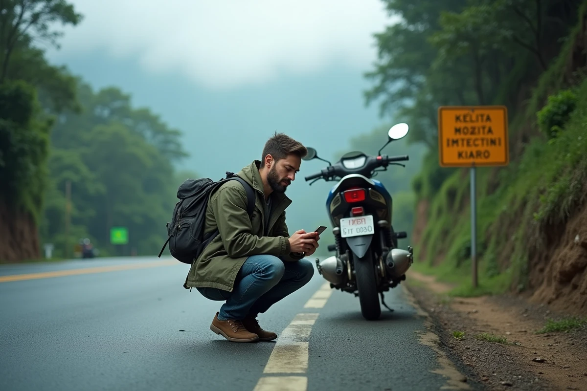 Voyageur configurant une eSIM sur son téléphone lors d'un road trip en moto en Asie du Sud-Est