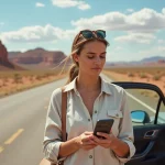 Femme activant une eSIM Saily sur son smartphone lors d'un road trip dans le désert américain