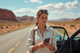 Femme activant une eSIM Saily sur son smartphone lors d'un road trip dans le désert américain