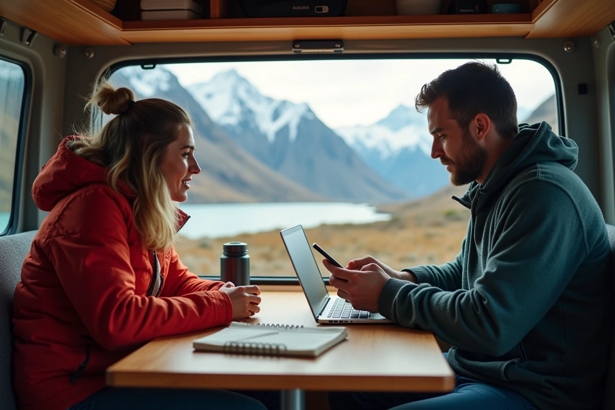 Couple dans un van aménagé comparant des options d'eSIM pour un road trip en Patagonie