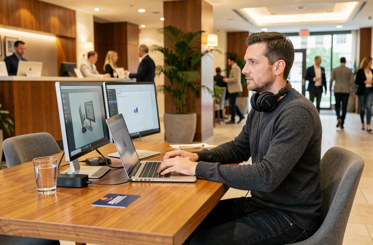 Travailleur nomade installé dans l'espace coworking d'un hall d'hôtel loué à la journée avec double écran et casque audio