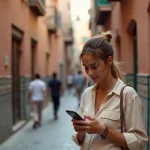 Étudiante consultant son forfait mobile sur smartphone dans une ruelle de la médina de Marrakech au Maroc
