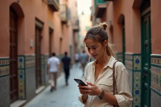 Étudiante consultant son forfait mobile sur smartphone dans une ruelle de la médina de Marrakech au Maroc