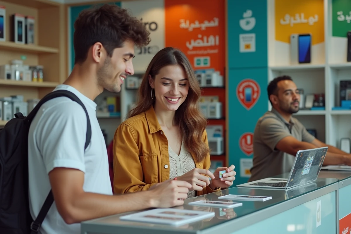 Deux étudiants choisissant une carte SIM locale dans une boutique de téléphonie au Maroc pour leur séjour