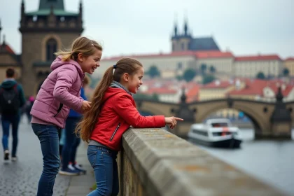 Famille devant le pont de Prague avec vue sur la Vltava