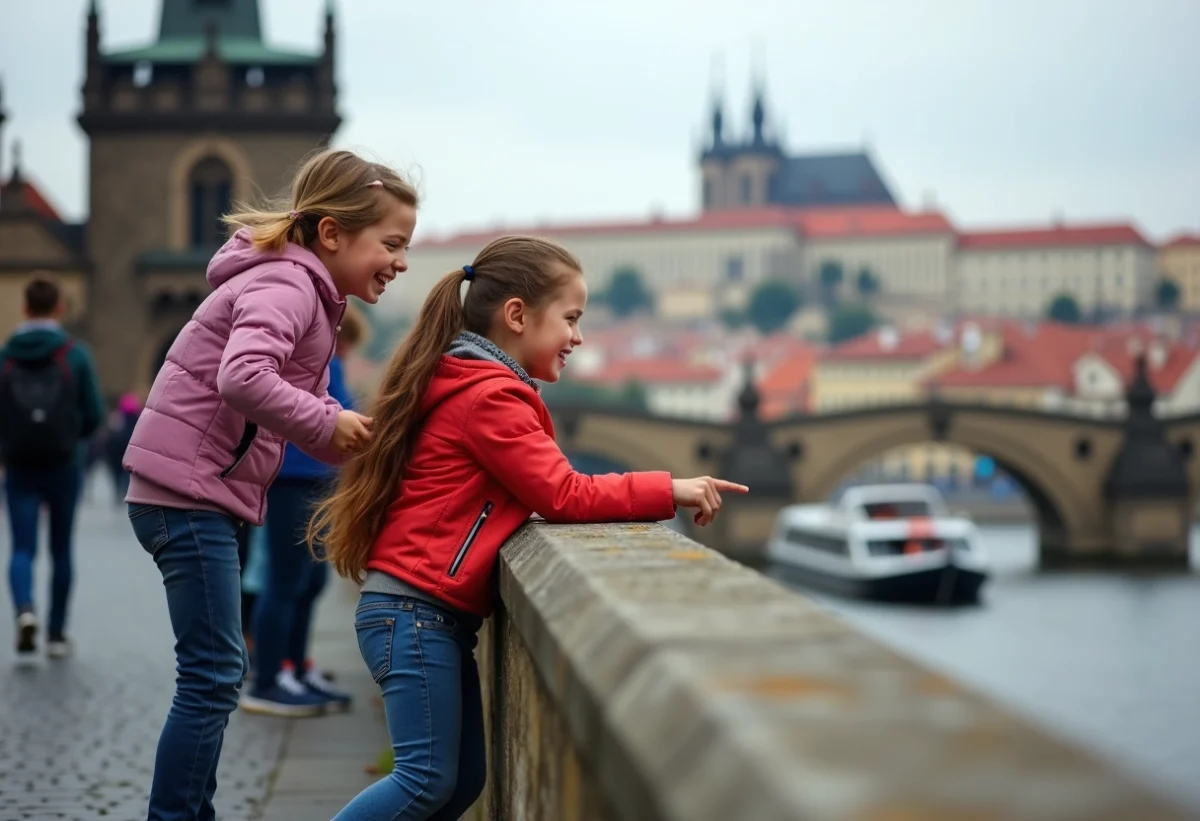 Famille devant le pont de Prague avec vue sur la Vltava
