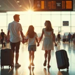 Famille française en partance pour les vacances d'été dans un aéroport moderne, illustrant le thème des bonnes vacances