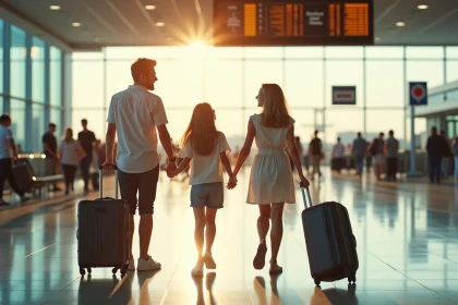 Famille française en partance pour les vacances d'été dans un aéroport moderne, illustrant le thème des bonnes vacances
