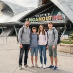 Famille souriante à l'entrée du Parc Walt Disney Studios, prête pour une journée d'attractions