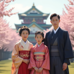 Famille impériale japonaise dans un jardin de cerisiers en fleurs