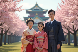 Famille impériale japonaise dans un jardin de cerisiers en fleurs