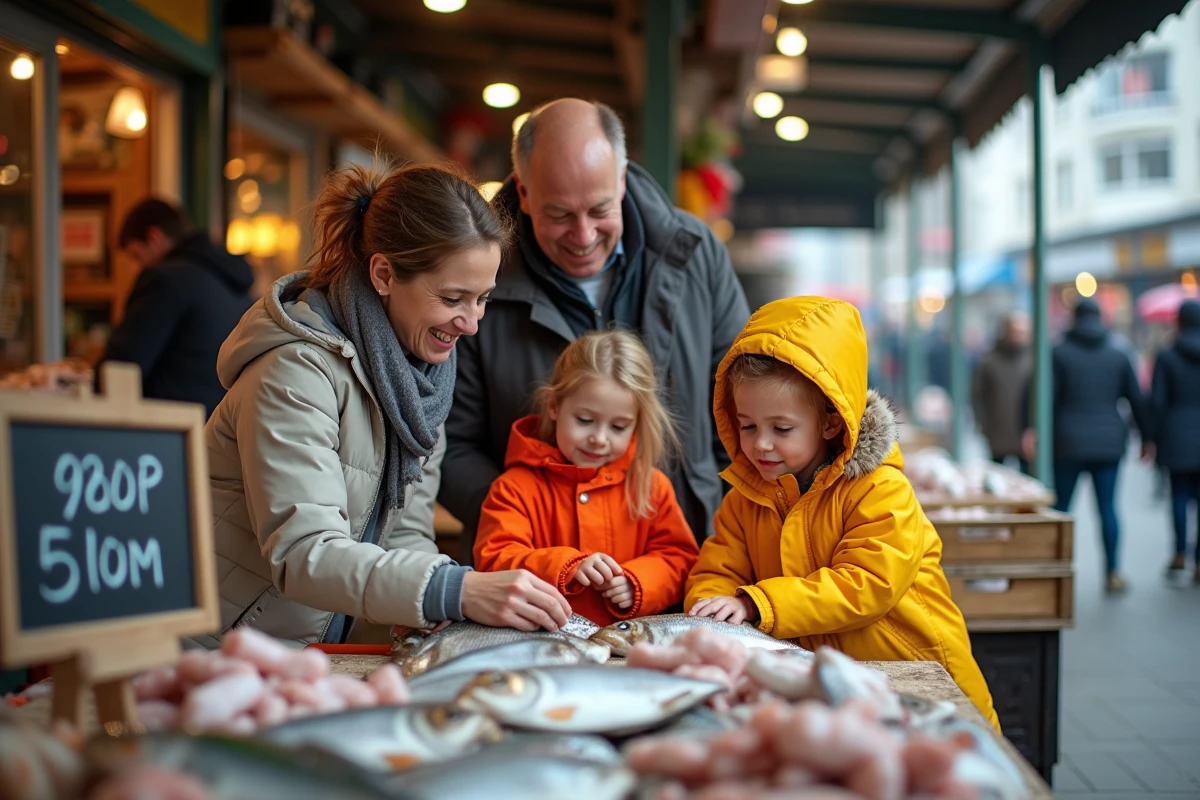 Famille avec enfants observant le stand de poissons au marché de Fort Mahon