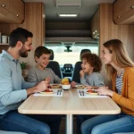Famille détendue dans un motorhome moderne et cosy