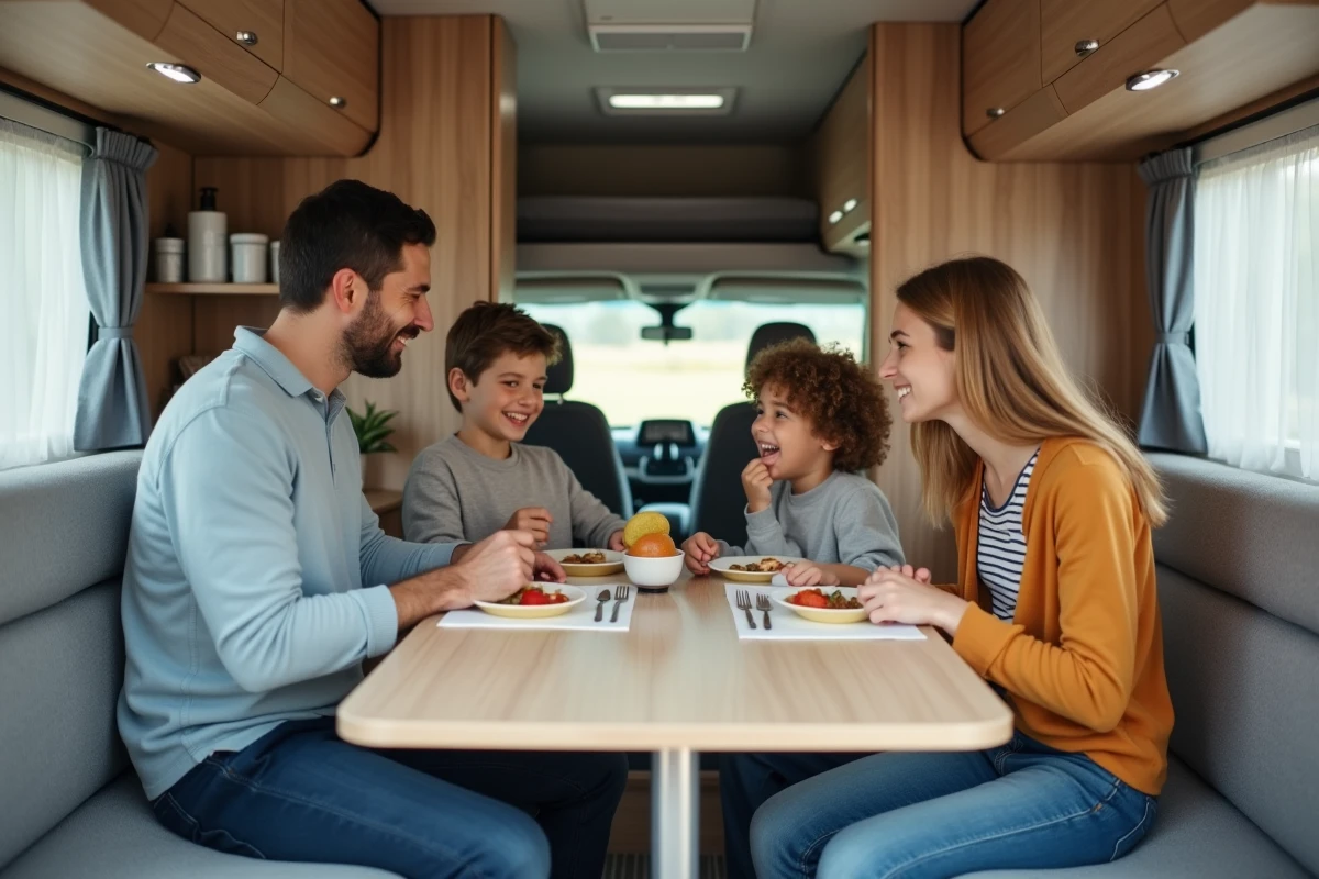 Famille détendue dans un motorhome moderne et cosy