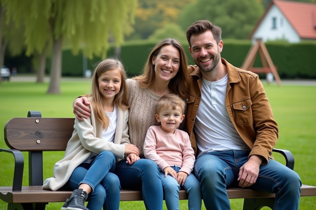 Famille assise sur un banc dans un parc verdoyant