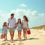 Famille se promenant pieds nus sur la plage de La Cotinière à l'île d'Oléron en été