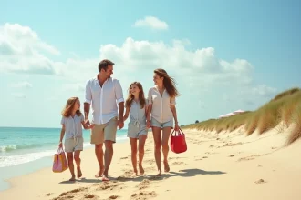 Famille se promenant pieds nus sur la plage de La Cotinière à l'île d'Oléron en été
