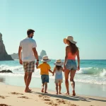 Famille souriante marchant sur la plage des 3 Pointes