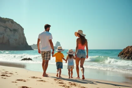 Famille souriante marchant sur la plage des 3 Pointes
