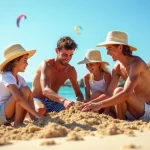 Famille souriante jouant sur la plage de Leucate