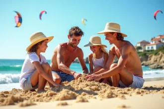 Famille souriante jouant sur la plage de Leucate