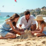 Famille construisant un château de sable sur la plage en été