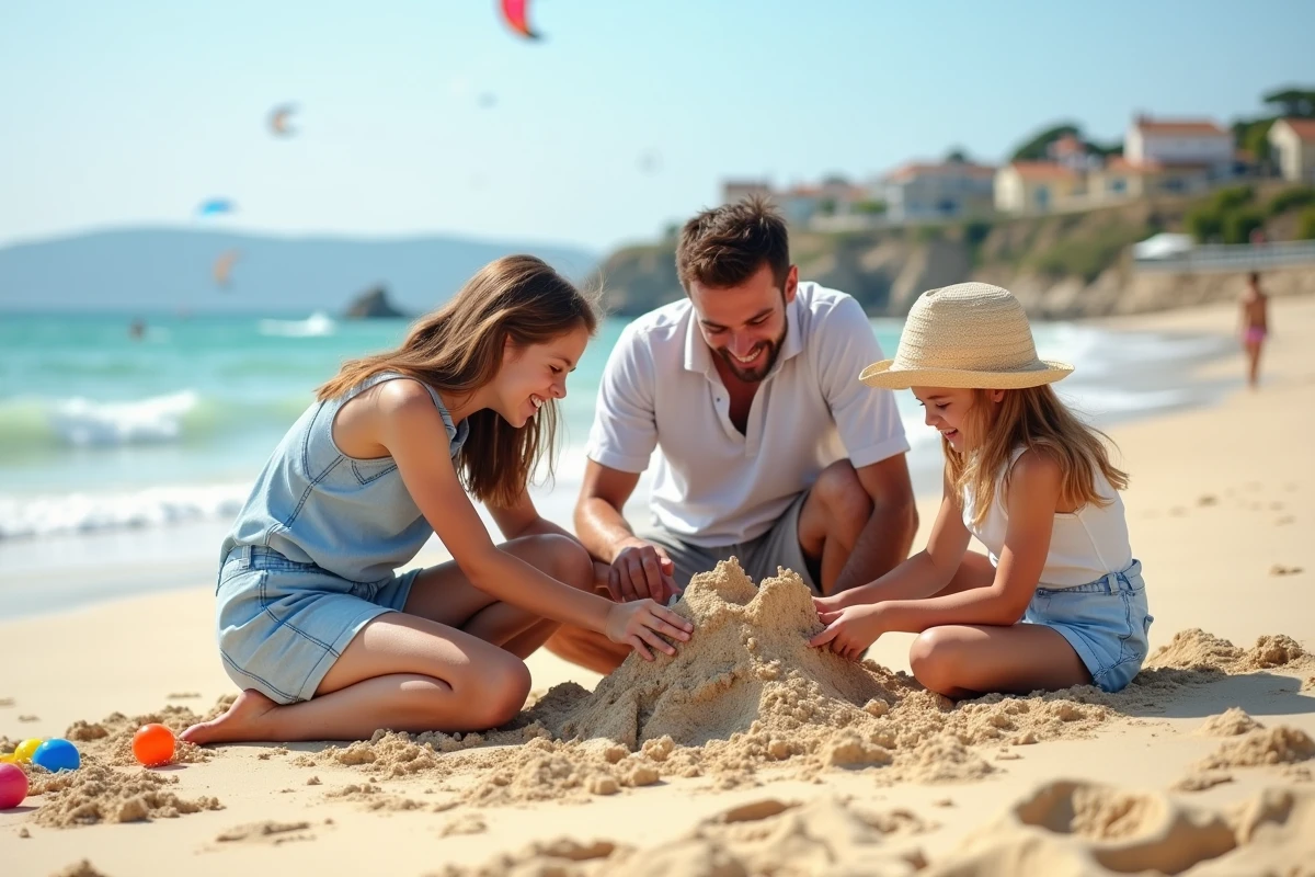 Famille construisant un château de sable sur la plage en été