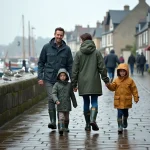 Famille avec enfants se promenant sur le quai de Saint-Valery-sur-Somme avec des maisons à colombages et des bateaux de pêche en arrière-plan