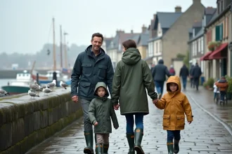 Famille avec enfants se promenant sur le quai de Saint-Valery-sur-Somme avec des maisons à colombages et des bateaux de pêche en arrière-plan