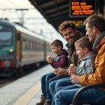 Famille souriante dans une gare avec train ancien