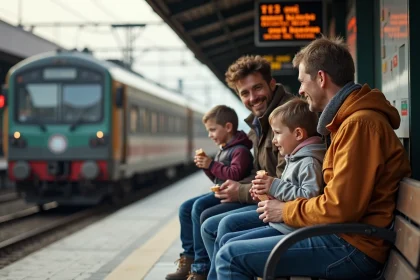Famille souriante dans une gare avec train ancien