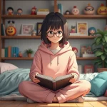 Fan de manga boylove assis entouré de volumes de manga et de fan art dans une chambre cosy