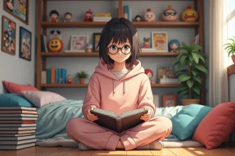 Fan de manga boylove assis entouré de volumes de manga et de fan art dans une chambre cosy