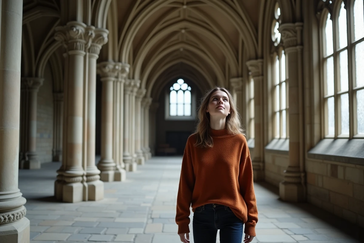 Jeune femme admirant l'architecture romane de l'Abbaye aux Hommes à Caen en Normandie
