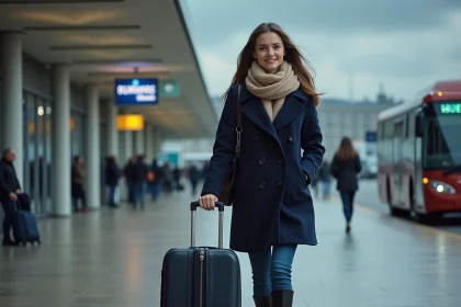 Jeune femme avec valise à Lille Airport