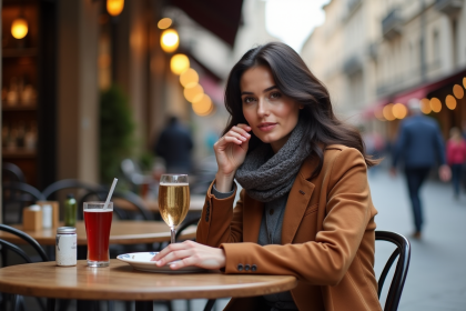 Femme élégante dégustant un aperitivo à Milan en extérieur