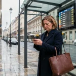 Femme attendant le premier bus Marseille Aix-en-Provence le matin à un arrêt moderne de la ville