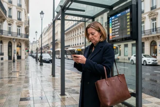 Femme attendant le premier bus Marseille Aix-en-Provence le matin à un arrêt moderne de la ville
