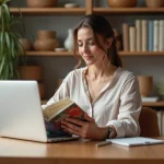 Femme au bureau avec guide de voyage marocain